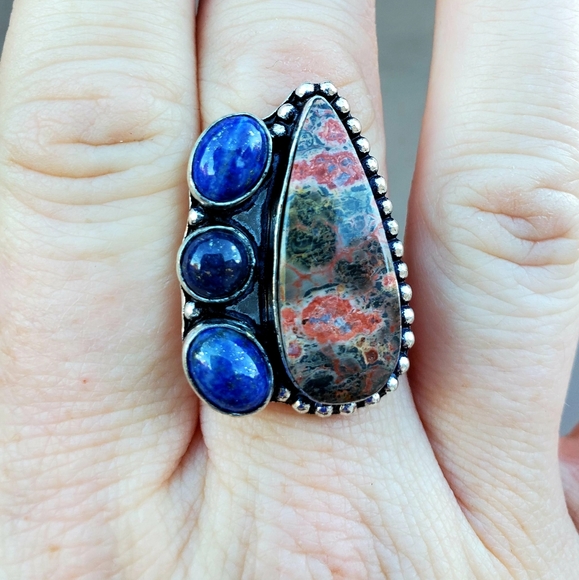 New Leopard Skin Jasper & Lapis Lazuli 925 Silver Ring. - Picture 5 of 14